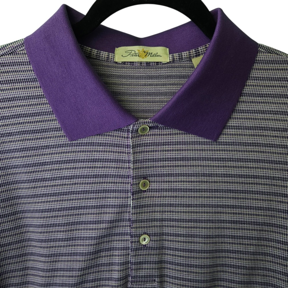 Peter Millar Mens Large Purple Stripe Double Mercerized Cotton Polo Shirt Golf